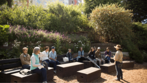 people sitting outside listening to a talk