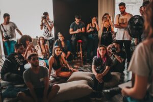 A group attending an instore talk retail event