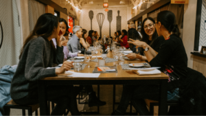 A group of people having dinner