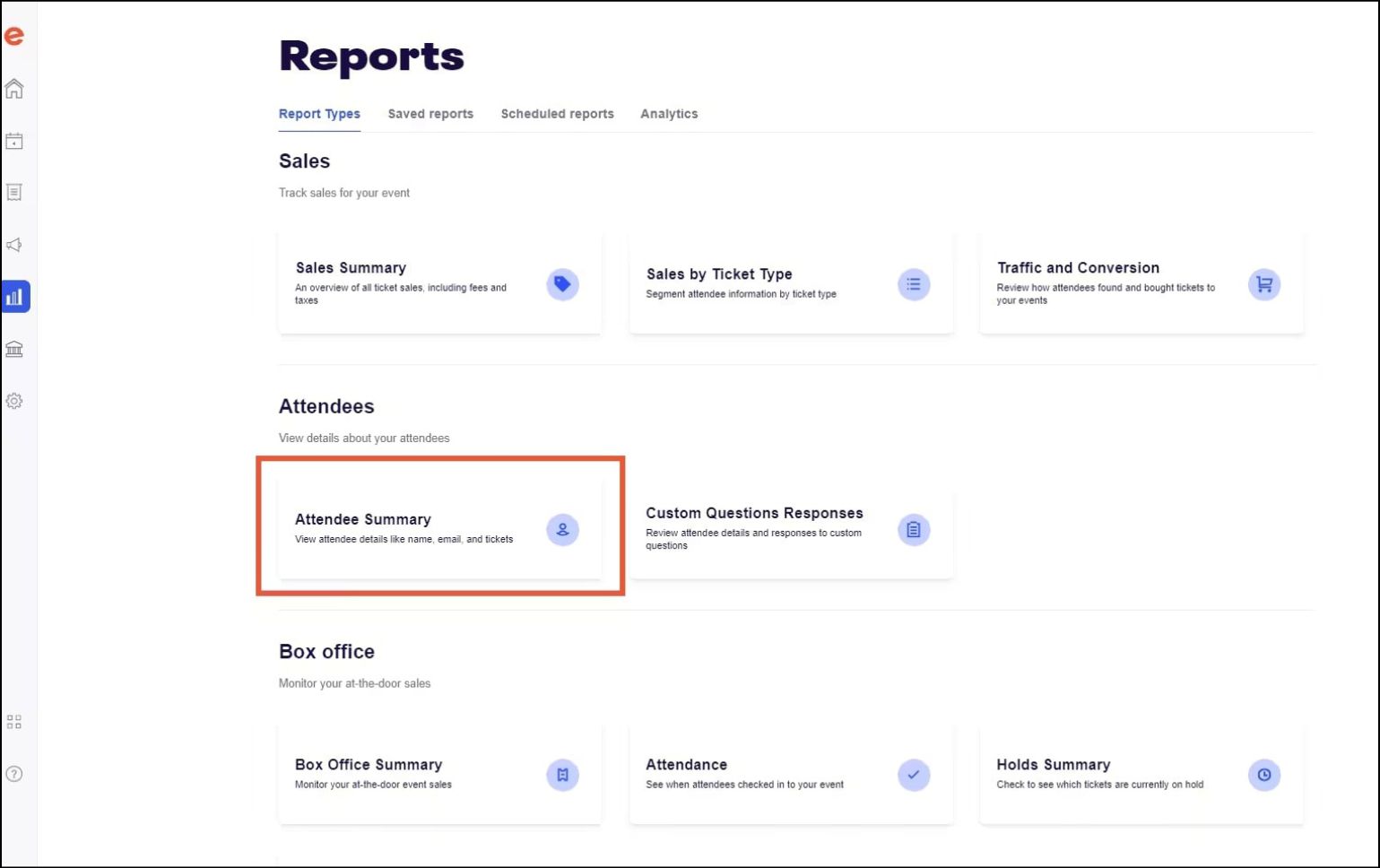 Screenshot of report types offered by Eventbrite